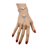 New Women Silver Metal Hand Chain Fashion Bracelet Connected Ring 2 Bling Beads Jewelry